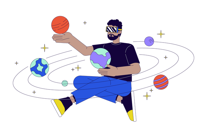 Homem com óculos de realidade virtual aprendendo sistema solar  Ilustração