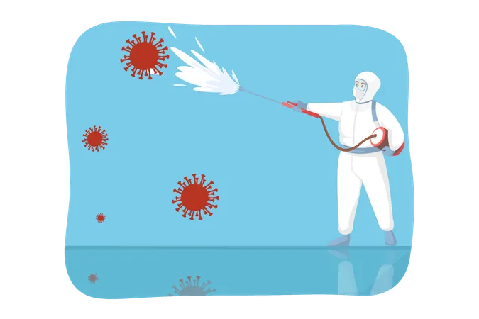 Desinfeccao Coronavirus Protecao Conceito De Risco Biologico Homem Com Materiais Perigosos E Traje De Protecao Mascara Respiratoria Cilindro De Gas Pulverizando Pesticidas Contra Infeccao 2019 Ncov Defesa Quimica Ou Precaucao Ilustração