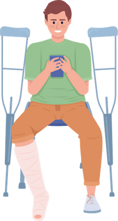 Homem com perna quebrada olhando para telefone  Ilustração