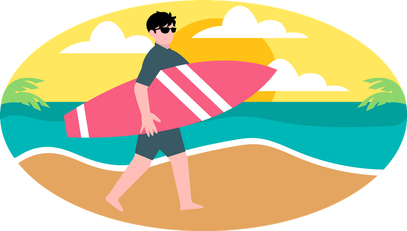 Homem com prancha de surf  Ilustração