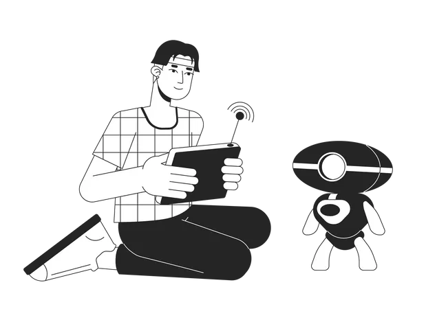 Engenheiro De Robotica Bw Conceito Ilustracao Vetorial Homem Com Console Sem Fio Testando Robo Personagem Monocromatico De Linha Plana De Desenho Animado 2 D Para Design De UI Web Imagem De Heroi De Contorno Isolado Editavel Ilustração