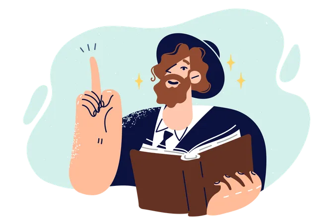 Homem com roupa nacional judaica e chapéu segura o livro da Torá e aponta o dedo para cima  Ilustração