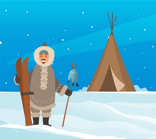 Homem com roupas quentes perto do iglu  Ilustração