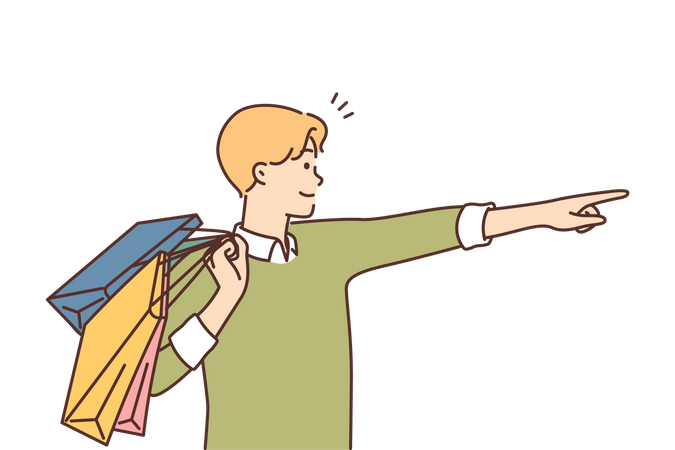 Homem com sacolas de compras mostrando a localização da loja  Ilustração