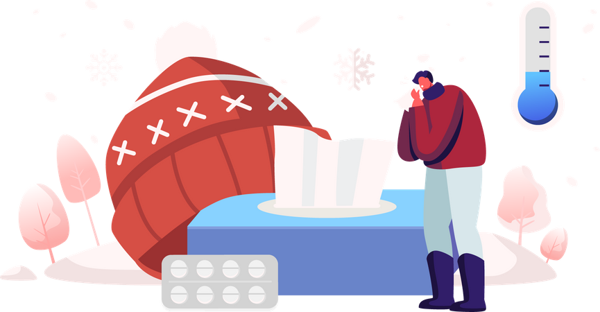 Homem com sintomas de alergia ao frio, espirros  Illustration