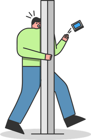 Homem com telefone batendo em pilar de estrada  Ilustração