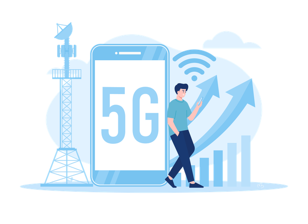 Homem com tendência de tema de rede 5G  Illustration