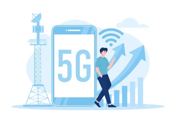 Homem com tendência de tema de rede 5G  Illustration