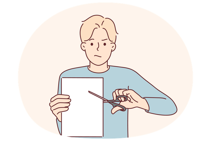 Homem com tesoura corta folha de papel para conceito de quebra de contrato e destruição de documento  Ilustração