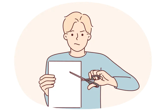 Homem com tesoura corta folha de papel para conceito de quebra de contrato e destruição de documento  Ilustração