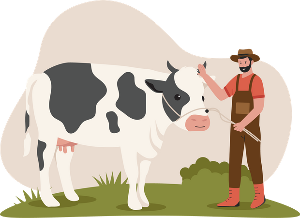 Homem com vaca na fazenda  Ilustração