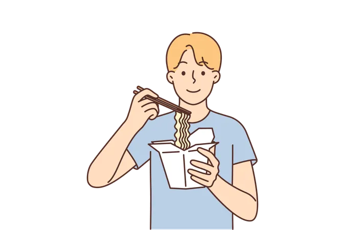 Homem come macarrão chinês em caixa de papelão para viagem e segura pauzinhos em restaurante asiático  Ilustração