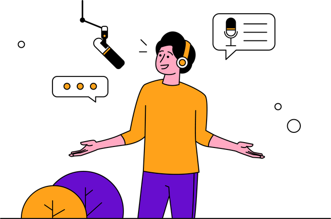 Homem começa a falar no microfone para gravar podcast  Ilustração