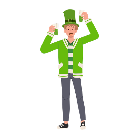 Homem comemorando com cerveja verde  Ilustração