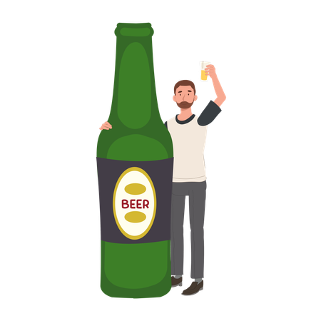 Homem comemorando com uma garrafa de cerveja grande  Ilustração