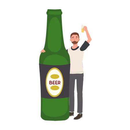 Homem comemorando com uma garrafa de cerveja grande  Ilustração