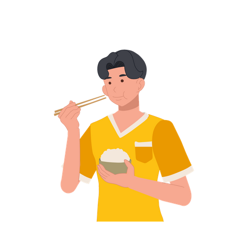 Homem comendo arroz com pauzinho  Ilustração