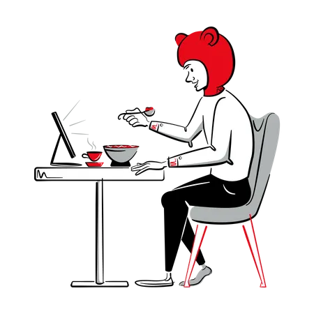 Homem comendo comida enquanto assiste smartphone  Ilustração