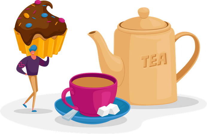 Homem comendo cupcake com uma xícara de chá  Ilustração