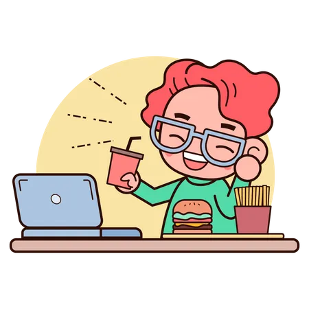 Homem comendo fast food trabalhando no laptop  Ilustração