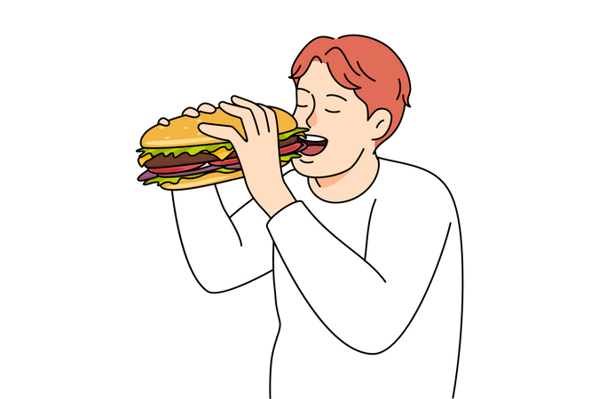 Homem comendo hambúrguer enorme  Ilustração