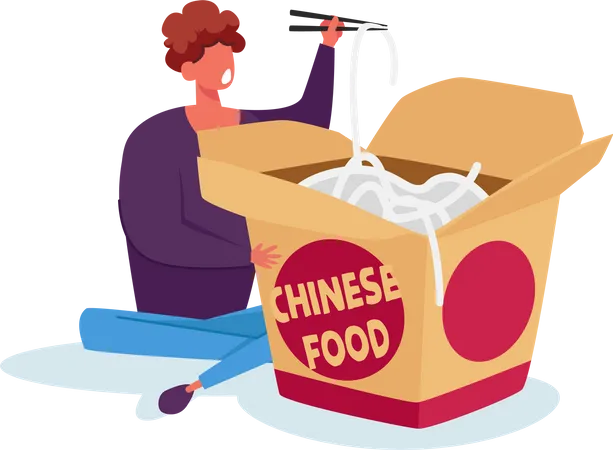 Homem comendo macarrão de loja de comida chinesa  Ilustração