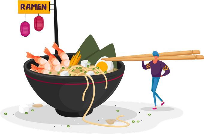 Homem comendo macarrão ramen com pauzinho de madeira  Ilustração
