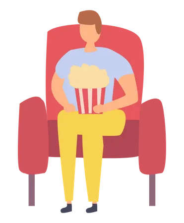 Homem comendo pipoca enquanto assiste filme  Ilustração