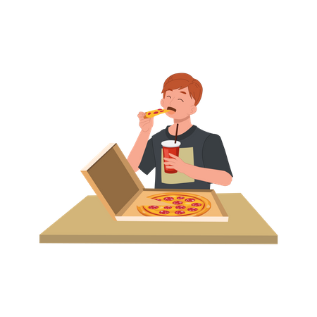 Homem comendo pizza da caixa  Ilustração