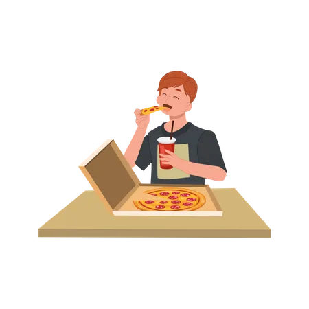 Homem comendo pizza da caixa  Ilustração