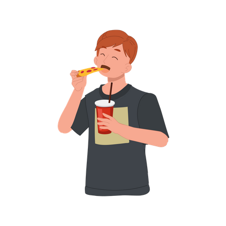 Homem comendo pizza e segurando um copo de refrigerante  Ilustração