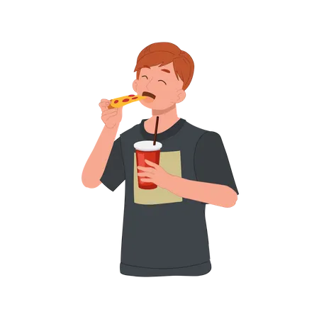 Homem comendo pizza e segurando um copo de refrigerante  Ilustração