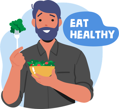 Homem comendo salada verde saudável  Ilustração