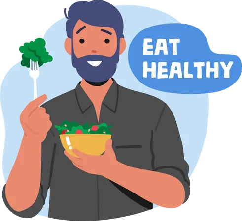 Homem comendo salada verde saudável  Ilustração