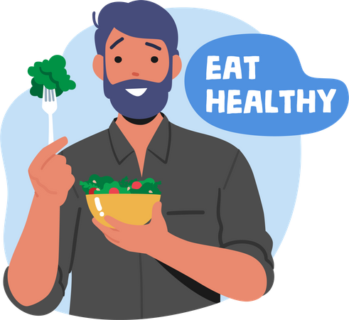 Homem comendo salada verde saudável  Illustration
