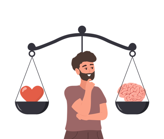 Homem comparando pensamento lógico e emoção em escala  Ilustração