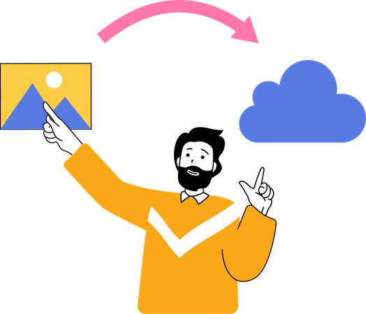 Homem compartilhando imagem do Cloud Storage  Ilustração