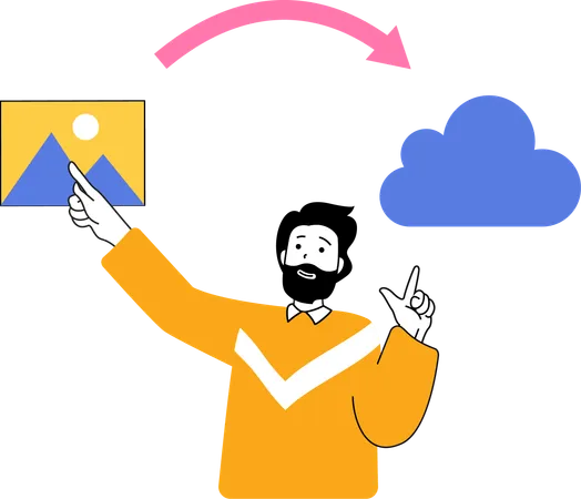 Homem compartilhando imagem do Cloud Storage  Ilustração