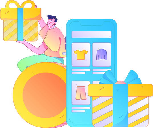 Homem compra camisas no site online  Ilustração
