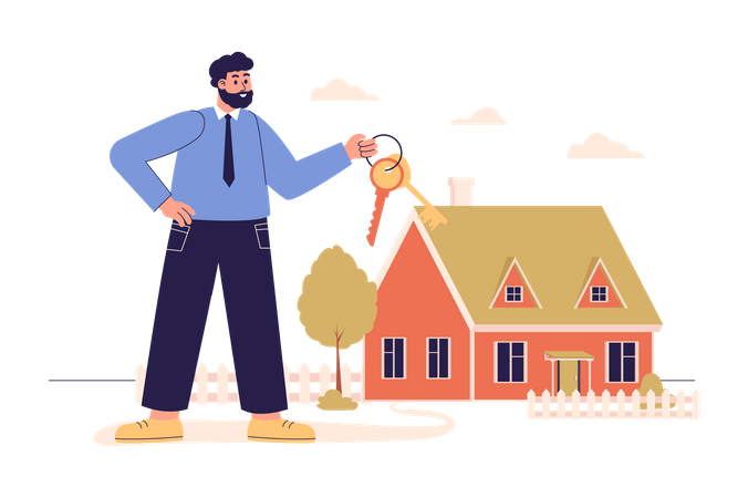 Homem comprando casa nova com empréstimo hipotecário  Ilustração