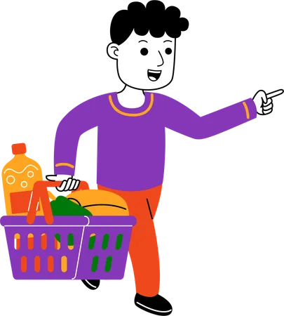 Homem Shopper carregando mantimentos em uma cesta  Ilustração