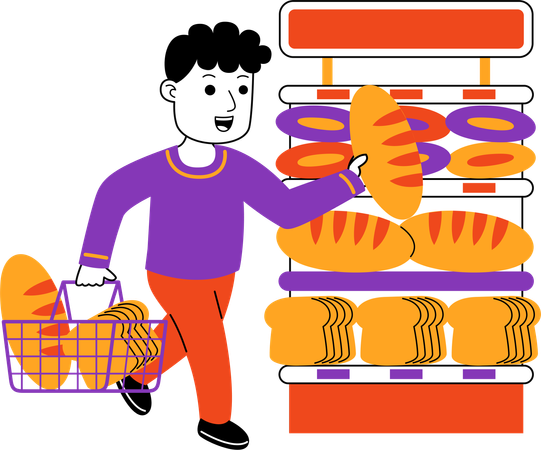 Homem Shopper comprar pão no supermercado  Ilustração