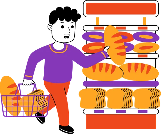Homem Shopper comprar pão no supermercado  Ilustração