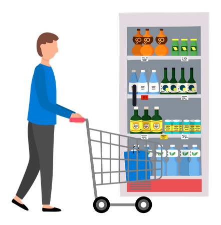 Homem comprando bebidas geladas no supermercado  Ilustração