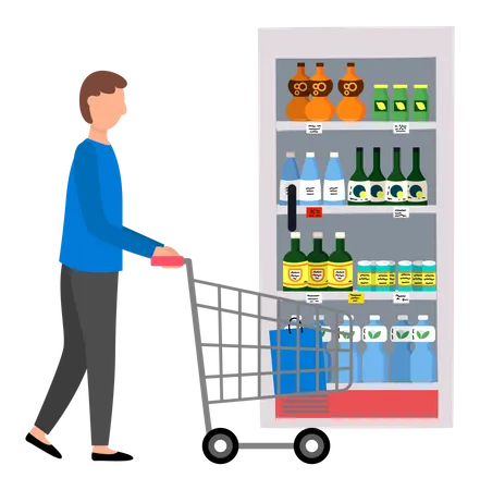 Homem comprando bebidas geladas no supermercado  Ilustração