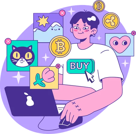 Homem comprando bitcoin  Ilustração