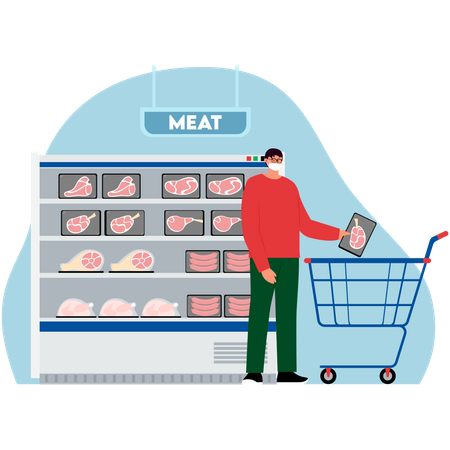 Homem comprando carne no supermercado  Ilustração