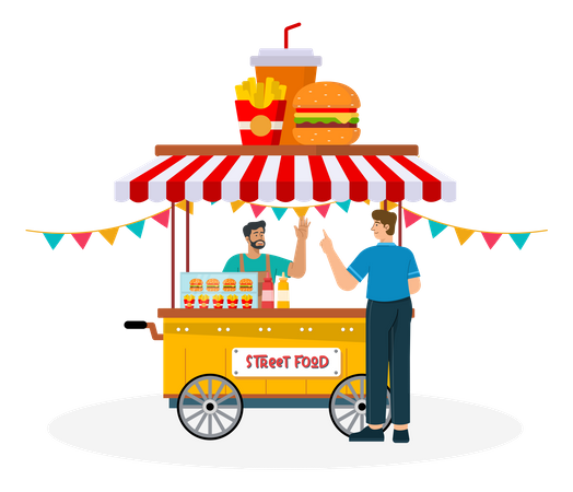 Homem comprando comida em barraca de comida de rua  Ilustração