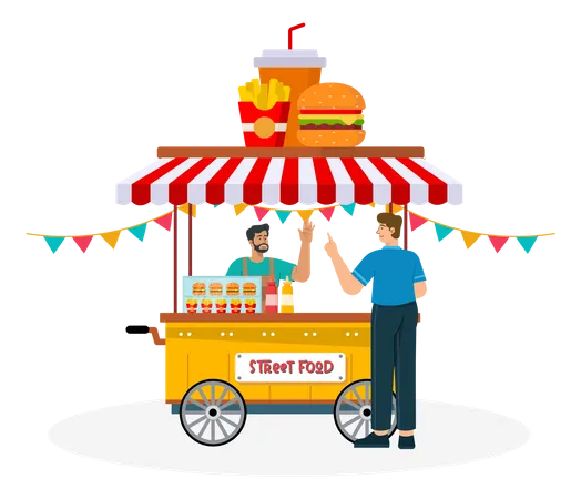 Homem comprando comida em barraca de comida de rua  Ilustração