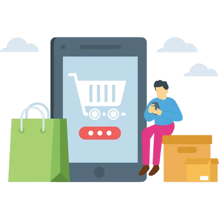 Homem fazendo compras no aplicativo de comércio eletrônico  Ilustração